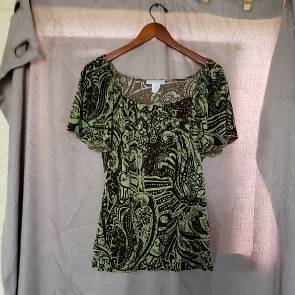 Claudia Richard Blouse Womens Plus 2X Green Scoop Neck Short Sleeve Paisley Top
